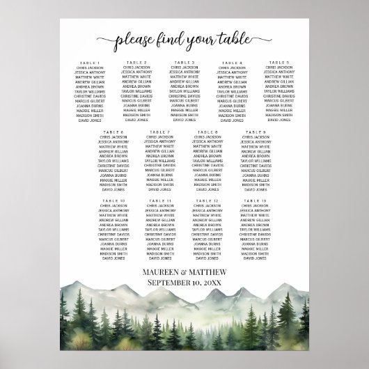 Mountains and Pines 13 Tables Wedding Seating ポスター (正面)