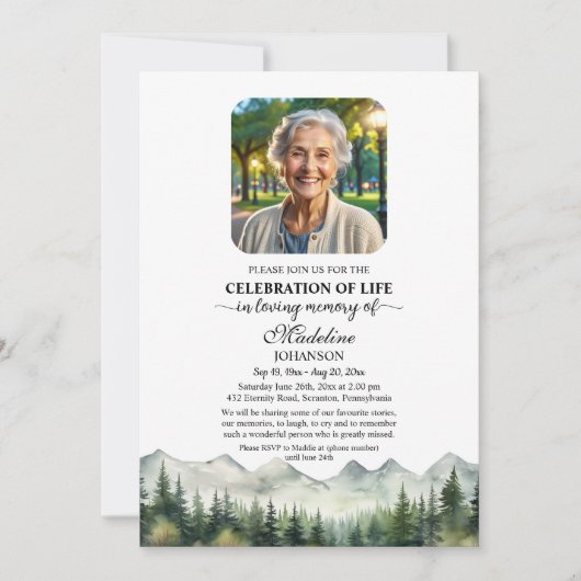 Mountains and Trees Celebration Of Life Funeral 招待状 (正面)