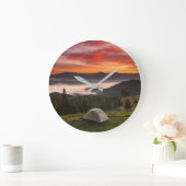 Mountains | Camping Foggy Sunrise ラージ壁時計 (ホーム)