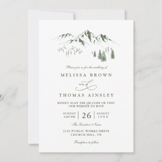 Mountains Forest Trees Pine Rustic QR Code Wedding 招待状 (正面)