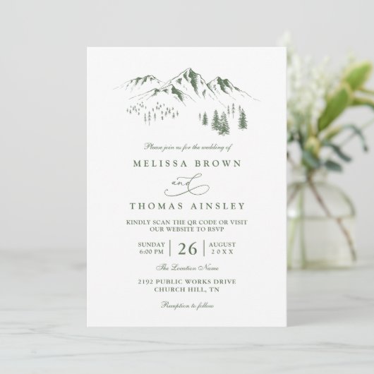 Mountains Forest Trees Pine Rustic QR Code Wedding 招待状 (スタンド正面)
