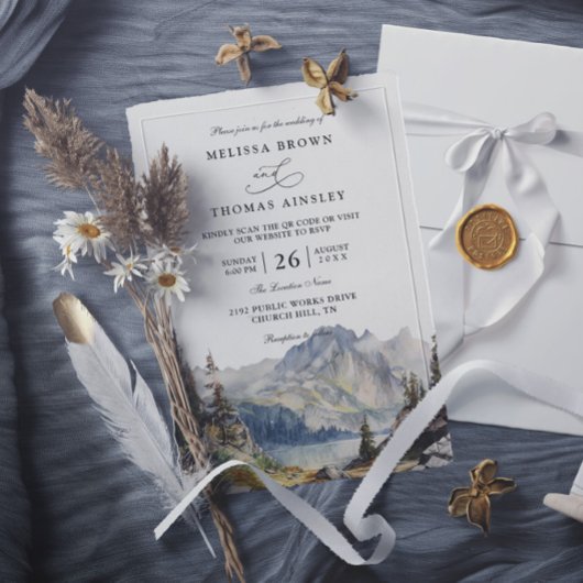Mountains lake Rustic Elegant QR Code Wedding 招待状