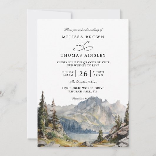 Mountains lake Rustic Elegant QR Code Wedding 招待状 (正面)