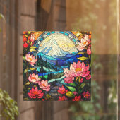 Mountains n Pink Rhododendrons Faux Stained Glass  ウィンドウサイン