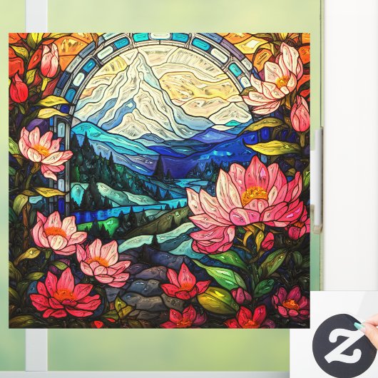 Mountains n Pink Rhododendrons Faux Stained Glass  ウィンドウサイン