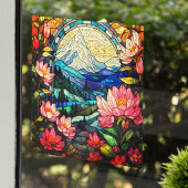 Mountains n Pink Rhododendrons Faux Stained Glass  ウィンドウサイン