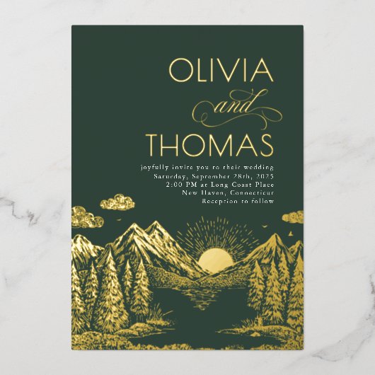 Mountains Nature Sunset Romantic Elegant Wedding 箔招待状 (正面)