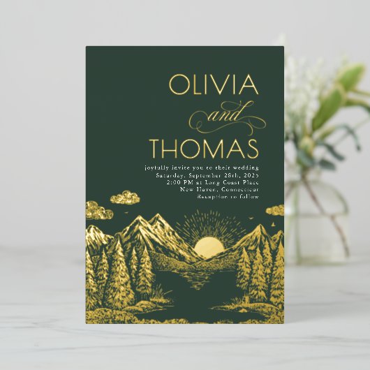 Mountains Nature Sunset Romantic Elegant Wedding 箔招待状 (立ち正面)