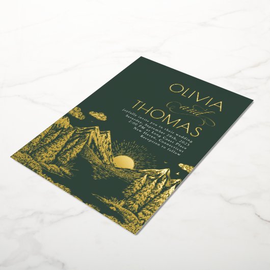 Mountains Nature Sunset Romantic Elegant Wedding 箔招待状 (回転した状態)