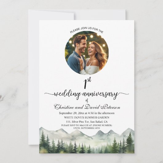 Mountains Pine Trees 1st Wedding Anniversary Photo 招待状 (正面)