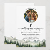 Mountains Pine Trees 1st Wedding Anniversary Photo 招待状 (正面/裏面)