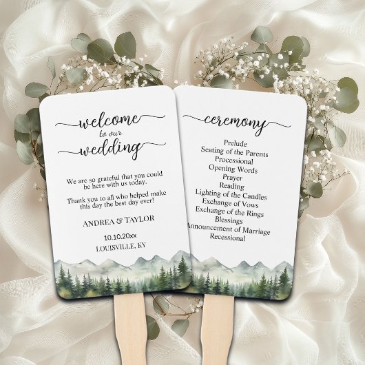 Mountains Pines Wedding Program Ceremony ハンドファン