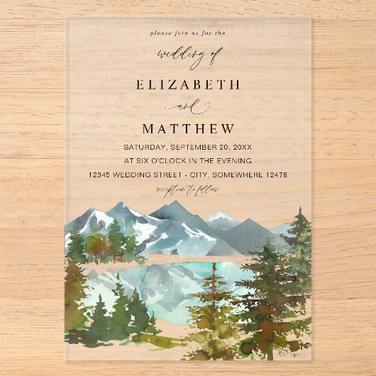 Mountains & Trees Rustic Wedding V2 アクリル招待状 (正面)