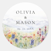 Mountains Wildflowers Meadow Rustic Floral Wedding ラウンドシール (正面)