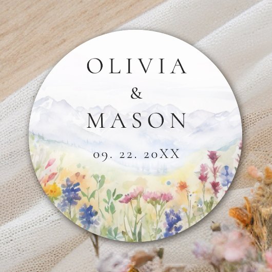Mountains Wildflowers Meadow Rustic Floral Wedding ラウンドシール