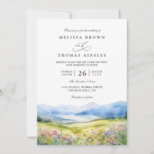 Mountains Wildflowers Rustic QR Code Wedding 招待状 (正面)