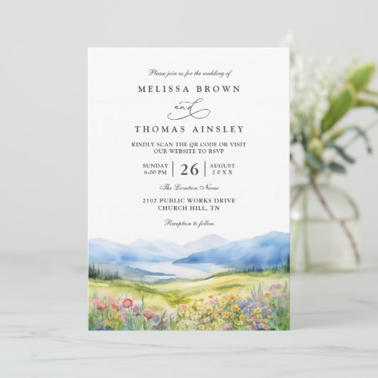 Mountains Wildflowers Rustic QR Code Wedding 招待状 (スタンド正面)