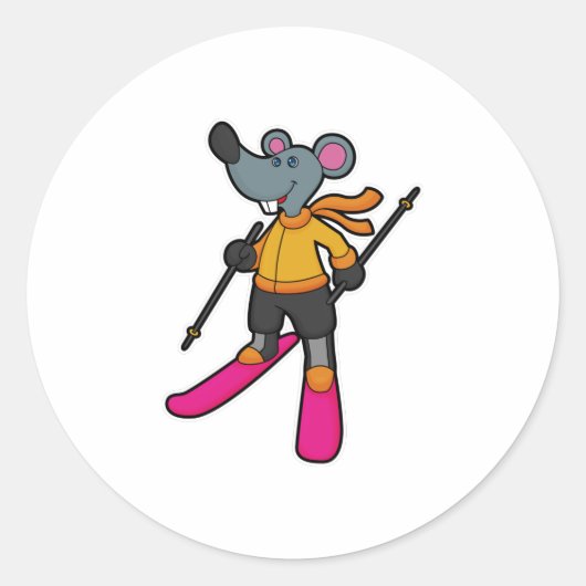 Mouse as Skier with Ski ラウンドシール (正面)
