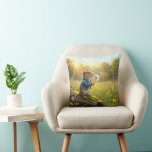 Mouse Blowing Dandelion Seedlings クッション<br><div class="desc">A charming mouse in a denim jacket sits on a log in a vibrant meadow, blowing on a dandelion and watching its seeds float away in the sunlight.</div>