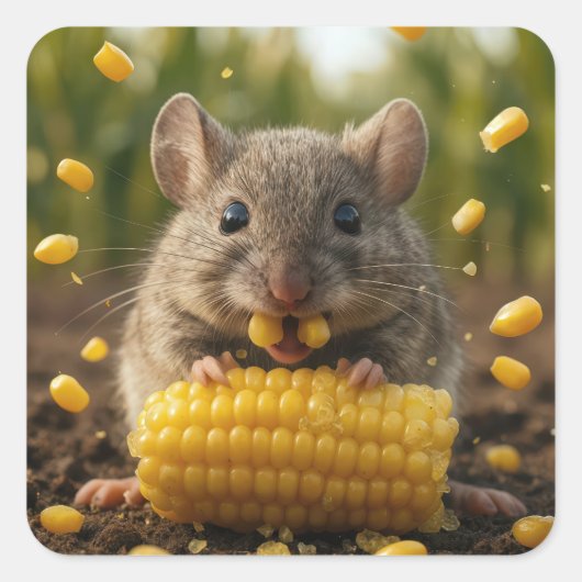 Mouse Enjoying an Ear of Corn スクエアシール (正面)