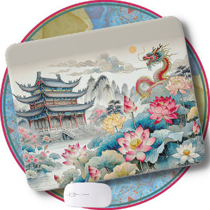 MOUSE PAD – ドラゴン、パゴダ、フラワーガーデン マウスパッド