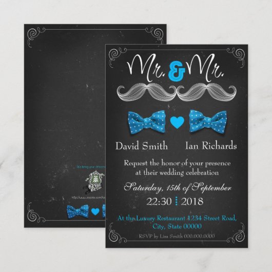 Moustache and bow for Mr and Mr 招待状 (正面/裏面)