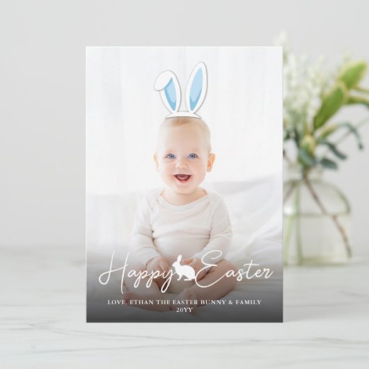 Movable Blue Bunny Ears Photo Overlay Happy Easter カード (スタンド正面)