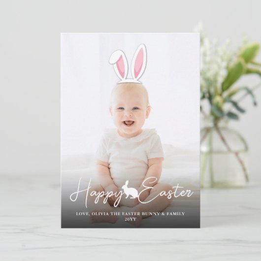 Movable Pink Bunny Ears Photo Overlay Happy Easter カード (スタンド正面)
