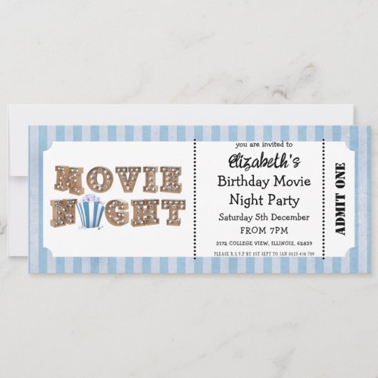 Movie Night Birthday Party Blue Ticket Style  招待状 (正面)