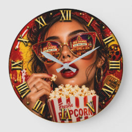 Movie Night Popcorn Fashion Woman Portrait ラージ壁時計