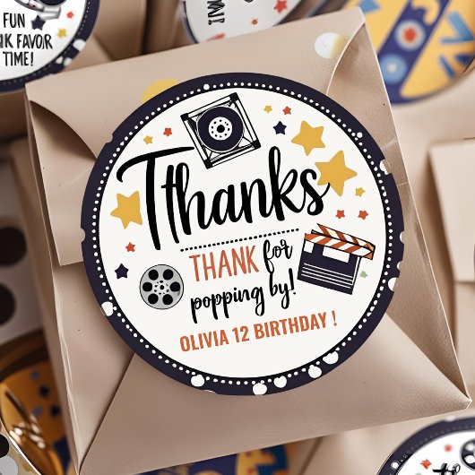 Movie Night Thank You Sticker | Popcorn Birthday ラウンドシール