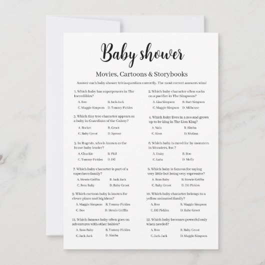 Movies Cartoons Storybooks Baby Shower Trivia Game 招待状 (正面)