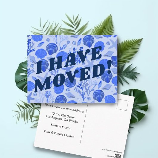 MOVING ANNOUNCEMENT カラフル Blue Seashells Beachy ポストカード