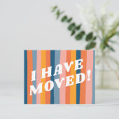 MOVING ANNOUNCEMENT カラフル PINKストライプレトロ ポストカード (スタンド正面)