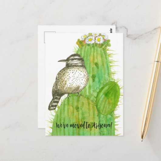Moving Announcement Arizona Cactus Wren Bird ポストカード (正面/裏面インサイチュ)