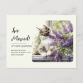 Moving Announcement Cat Window Lavender Flowers ポストカード (正面)