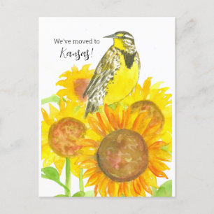 Moving Announcement Kansas Meadowlark Sunflowers ポストカード