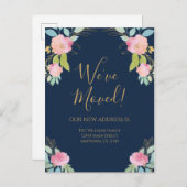 Moving Announcement Navy Blue Pink Flowers ポストカード (正面/裏面)