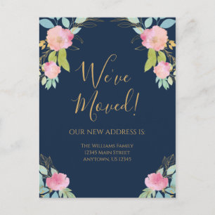Moving Announcement Navy Blue Pink Flowers ポストカード