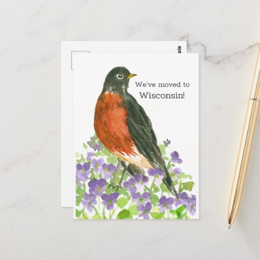 Moving Announcement Wisconsin Robin Violets ポストカード (正面/裏面インサイチュ)