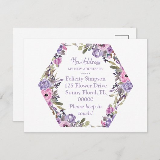 Moving Notice New Address|紫のフローラ幾何学模様 ポストカード (正面/裏面)