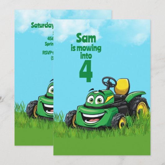 Mowing Into Lawn Mower Birthday Party 招待状 (正面/裏面)
