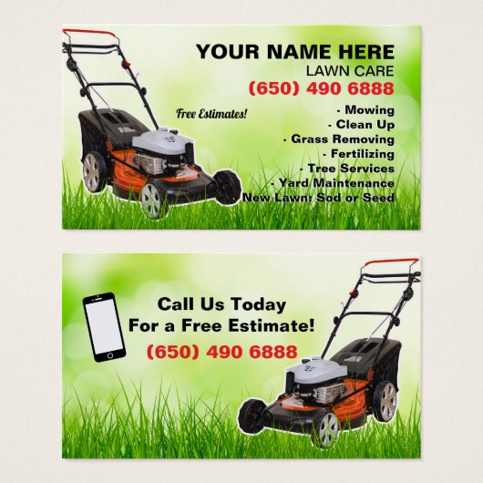 Mowing Service Business Card Green Lawn Care (正面&裏面)