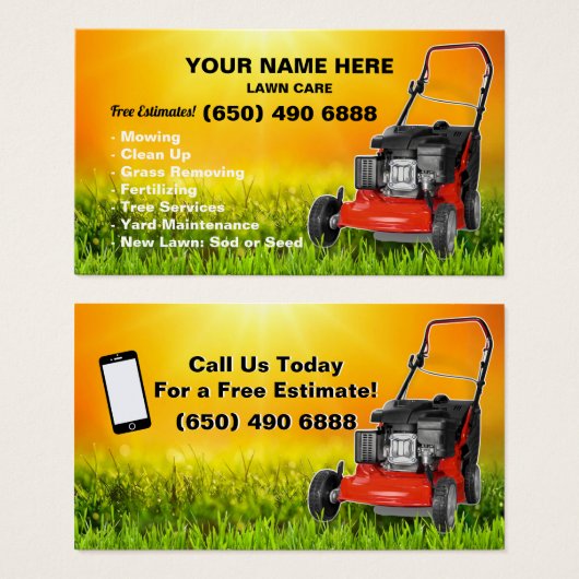 Mowing Service Business Card Lawn Care (正面&裏面)