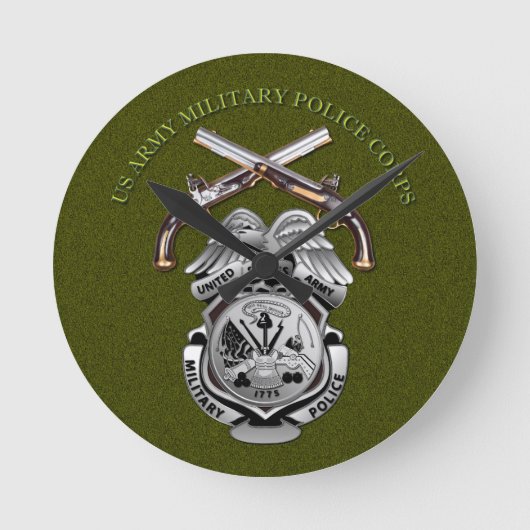 MPバッジと交差ピストン ラウンド壁時計 (正面)