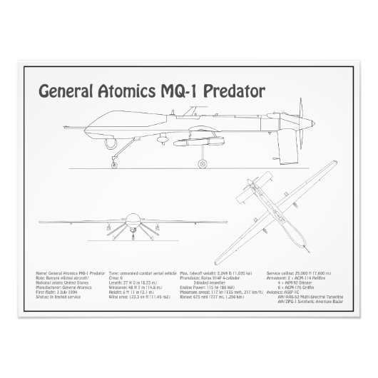 MQ-1プレデターUAV – 航空機設計図BD フォトプリント            (正面)