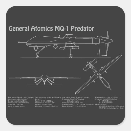 MQ-1プレデターUAV – 航空機設計図PD スクエアシール (正面)