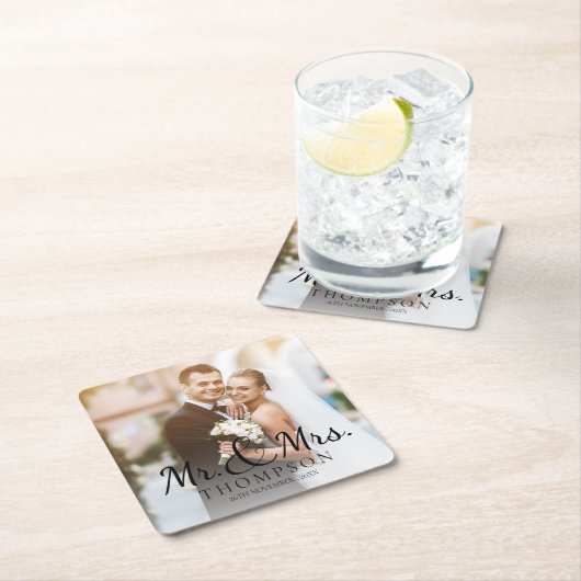 MRとMRSかわいい写真エレガント結婚披露宴 スクエアペーパーコースター (インサイチュ)