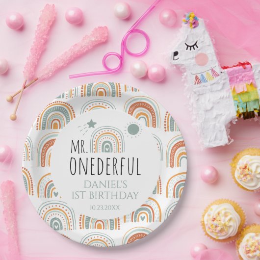MRオネダーフルボホーレインボーファースト誕生日グリーン ペーパープレート (パーティー)