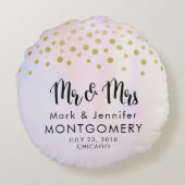 Mr.とミセスフェイク金ゴールド紙吹雪のパープル結婚ズ ラウンドクッション (裏面)